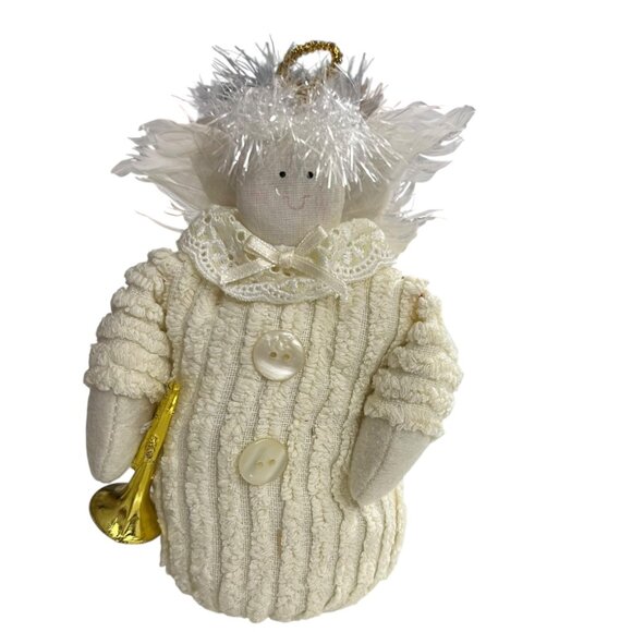 Handcrafted Chenille Angel Weighted Shelf Sitter With Trumpet - Picture 3 of 6